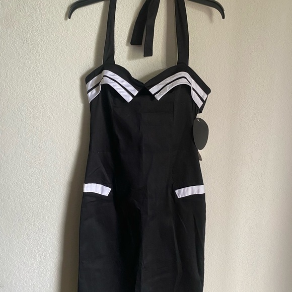 Collectif Retro Sailor Halter Rockabilly Straight Pencil Pin Up Black Dress 10 - Picture 5 of 16